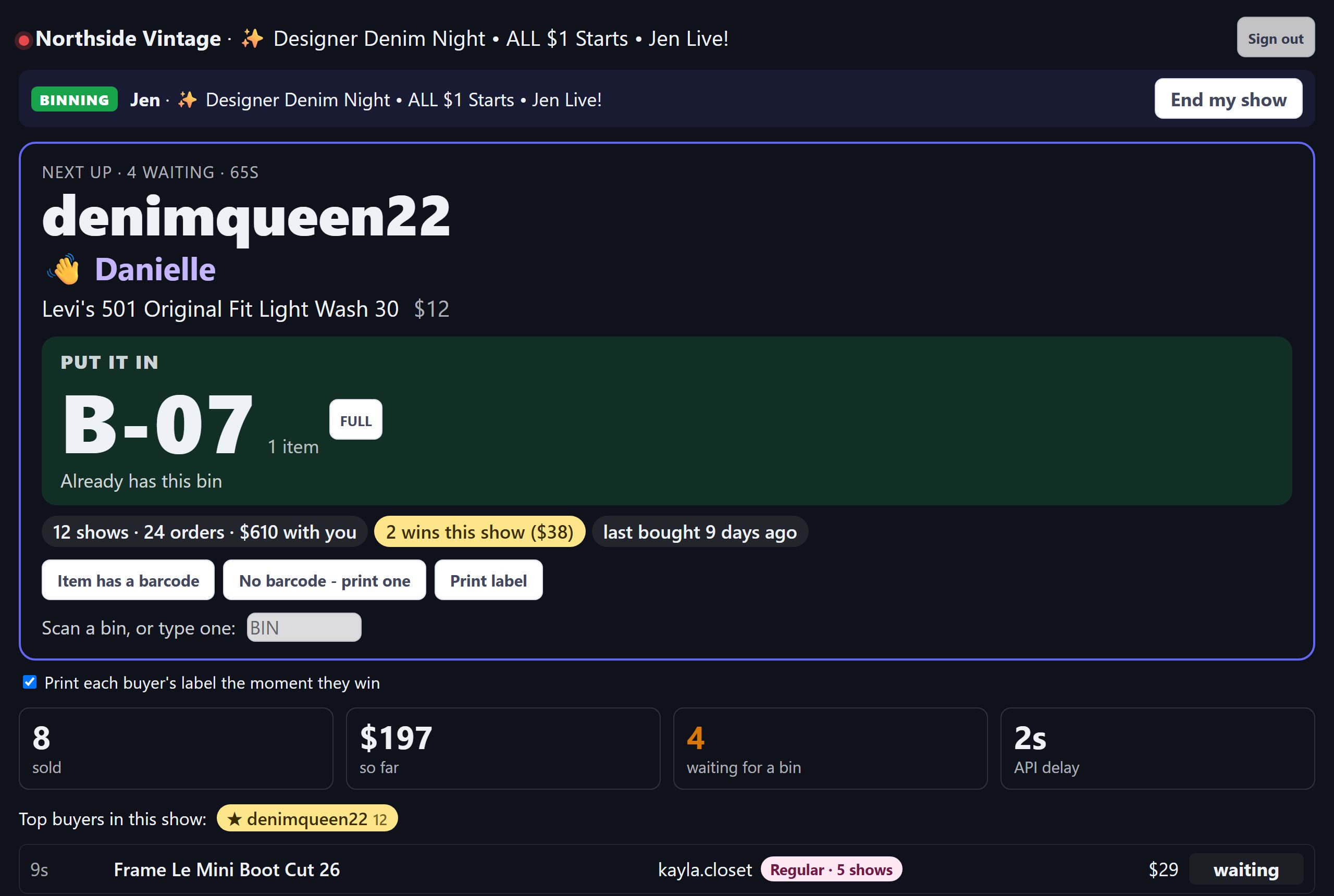 The studio screen mid-show: denimqueen22, first name Danielle, 12 shows, 24 orders and $610 with you, 2 wins this show - put it in bin B-07